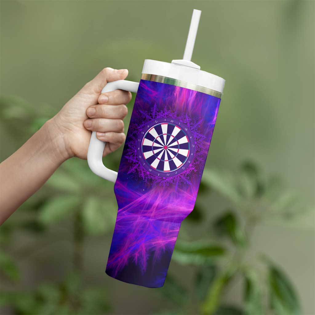 Dartboard and Darts Tumbler With Handle with Purple Smoke Background and Custom Team Name - Wonder Print Shop