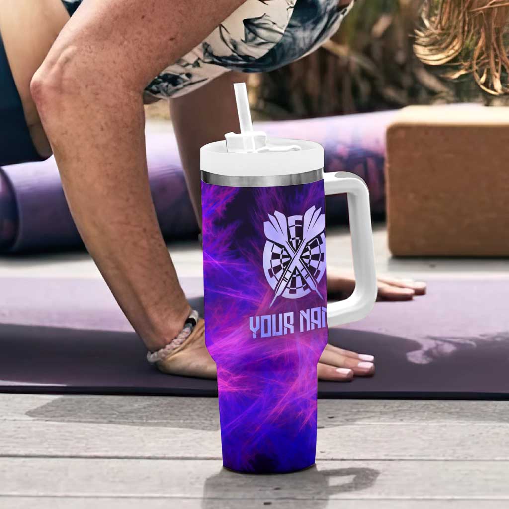 Dartboard and Darts Tumbler With Handle with Purple Smoke Background and Custom Team Name - Wonder Print Shop