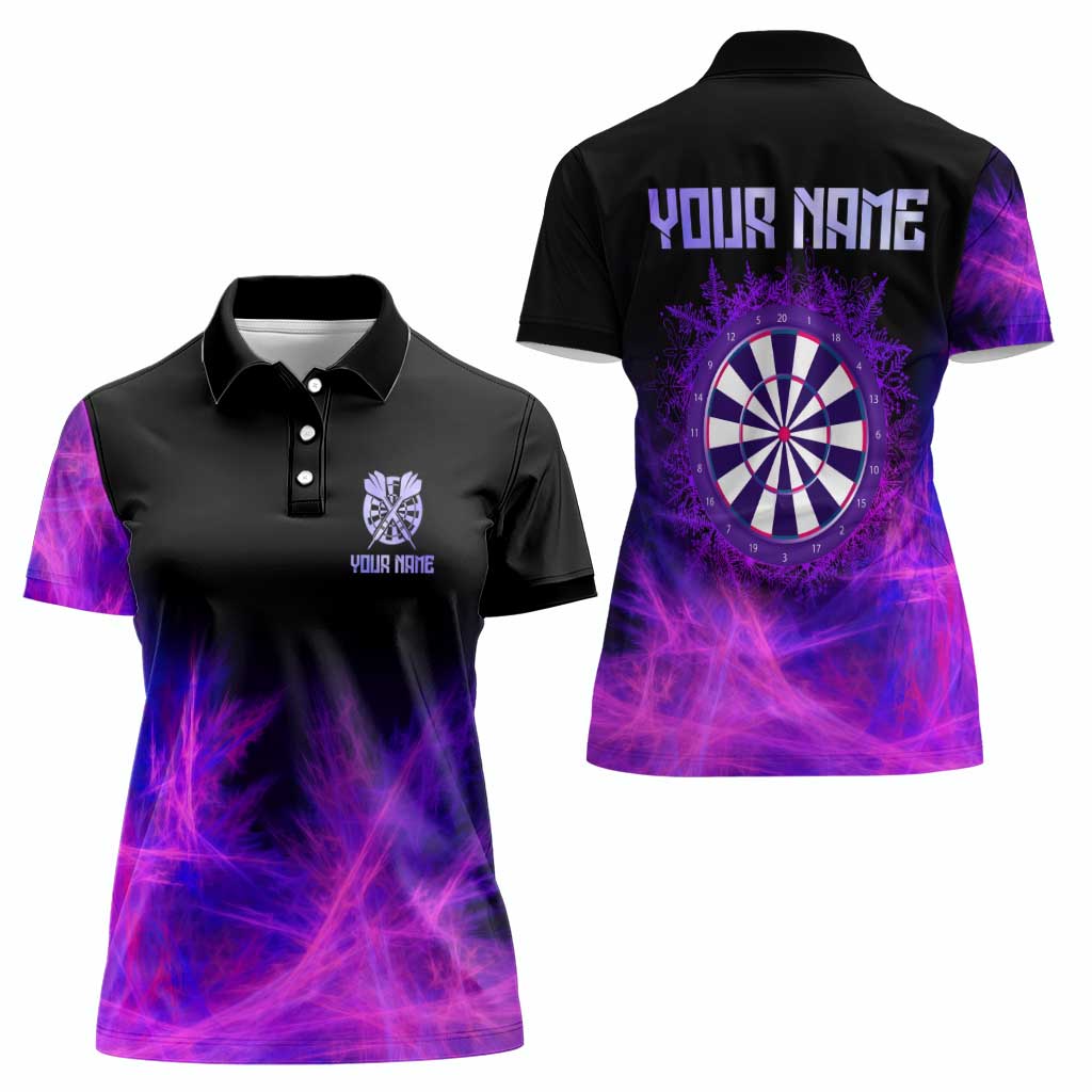 Dartboard and Darts Women Polo Shirt with Purple Smoke Background and Custom Team Name - Wonder Print Shop
