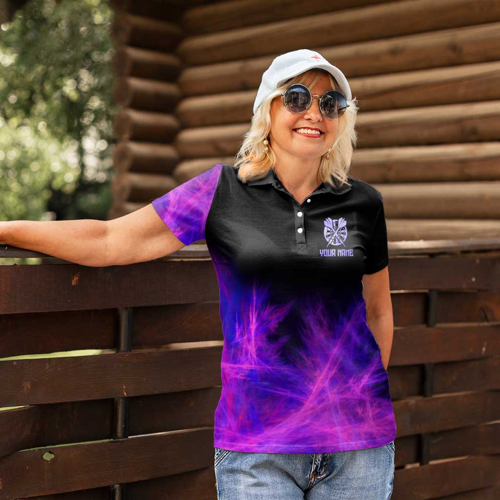 Dartboard and Darts Women Polo Shirt with Purple Smoke Background and Custom Team Name - Wonder Print Shop