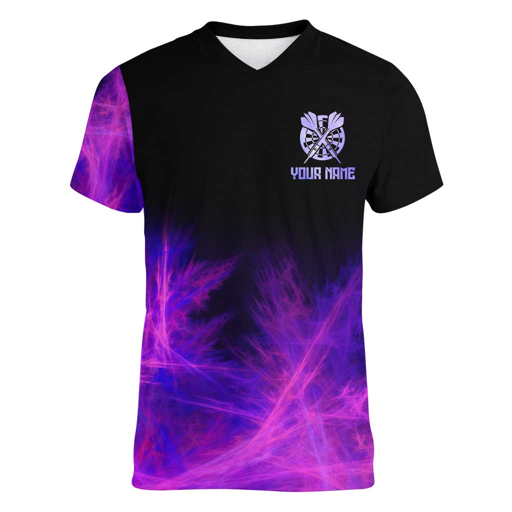 Dartboard and Darts Women V-Neck T-Shirt with Purple Smoke Background and Custom Team Name - Wonder Print Shop