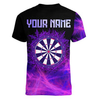 Dartboard and Darts Women V-Neck T-Shirt with Purple Smoke Background and Custom Team Name - Wonder Print Shop