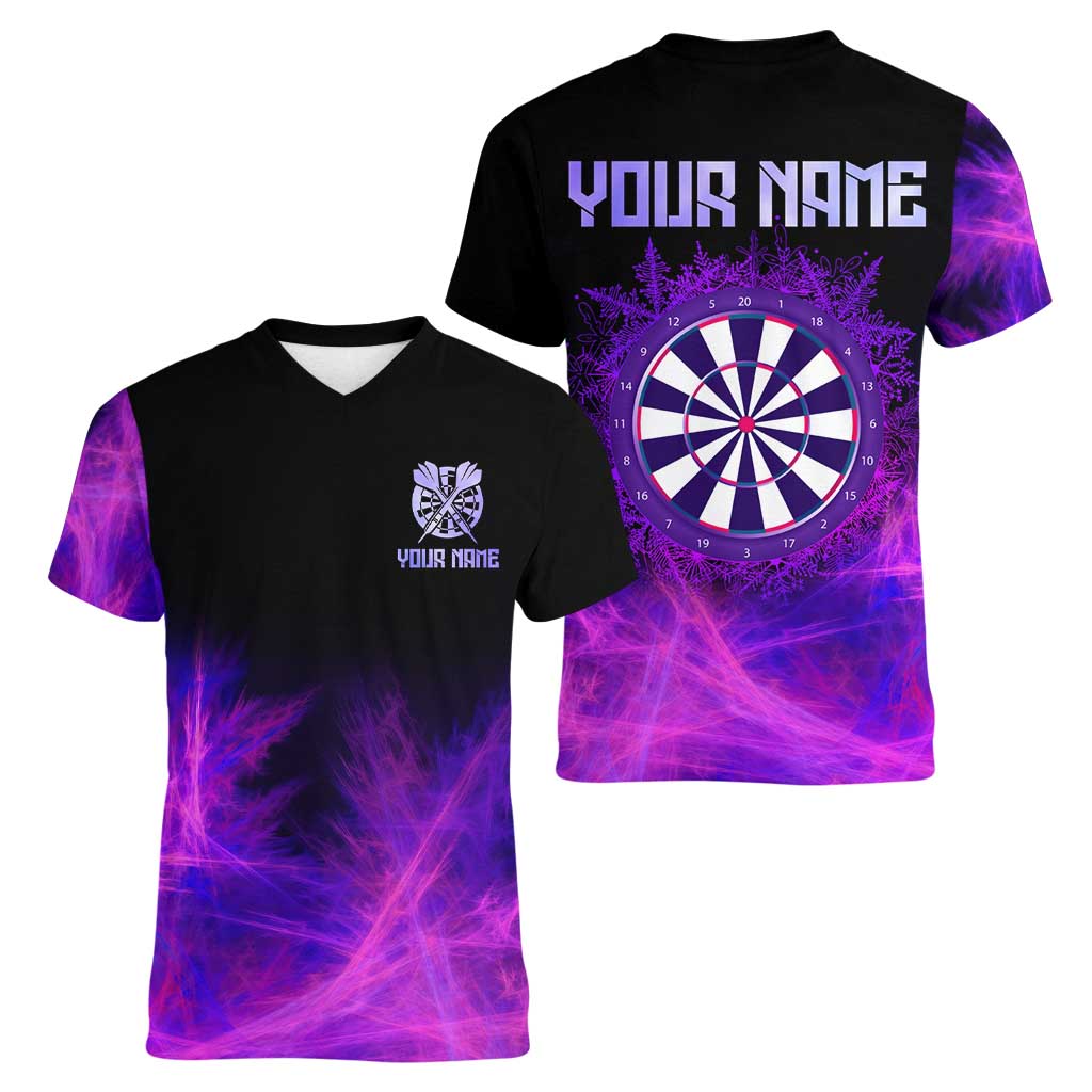 Dartboard and Darts Women V-Neck T-Shirt with Purple Smoke Background and Custom Team Name - Wonder Print Shop