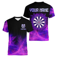Dartboard and Darts Women V-Neck T-Shirt with Purple Smoke Background and Custom Team Name - Wonder Print Shop