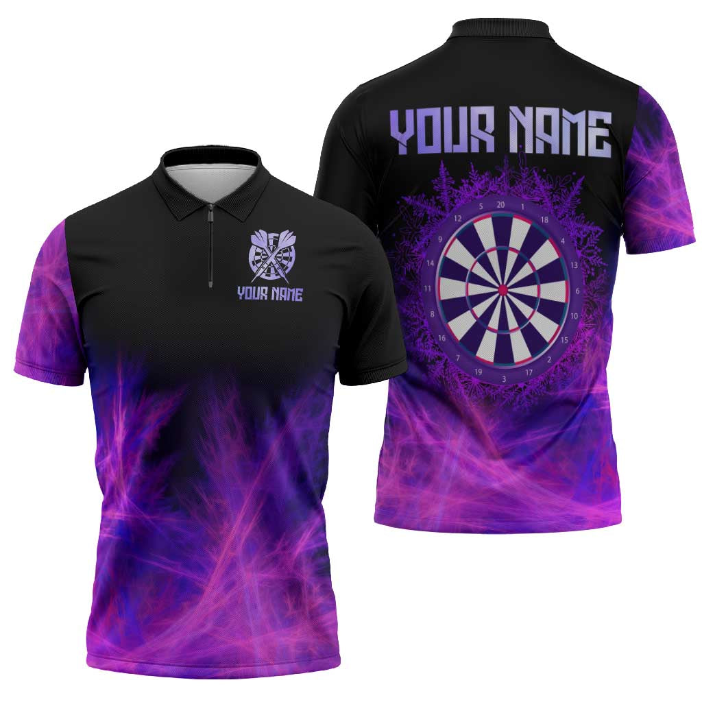 Dartboard and Darts Zipper Polo Shirt with Purple Smoke Background and Custom Team Name - Wonder Print Shop