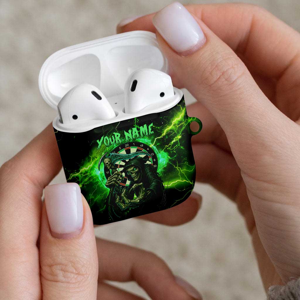 Grim Reaper and Dartboard Darts AirPods Case with Green Lightning Background and Custom Team Name - Wonder Print Shop