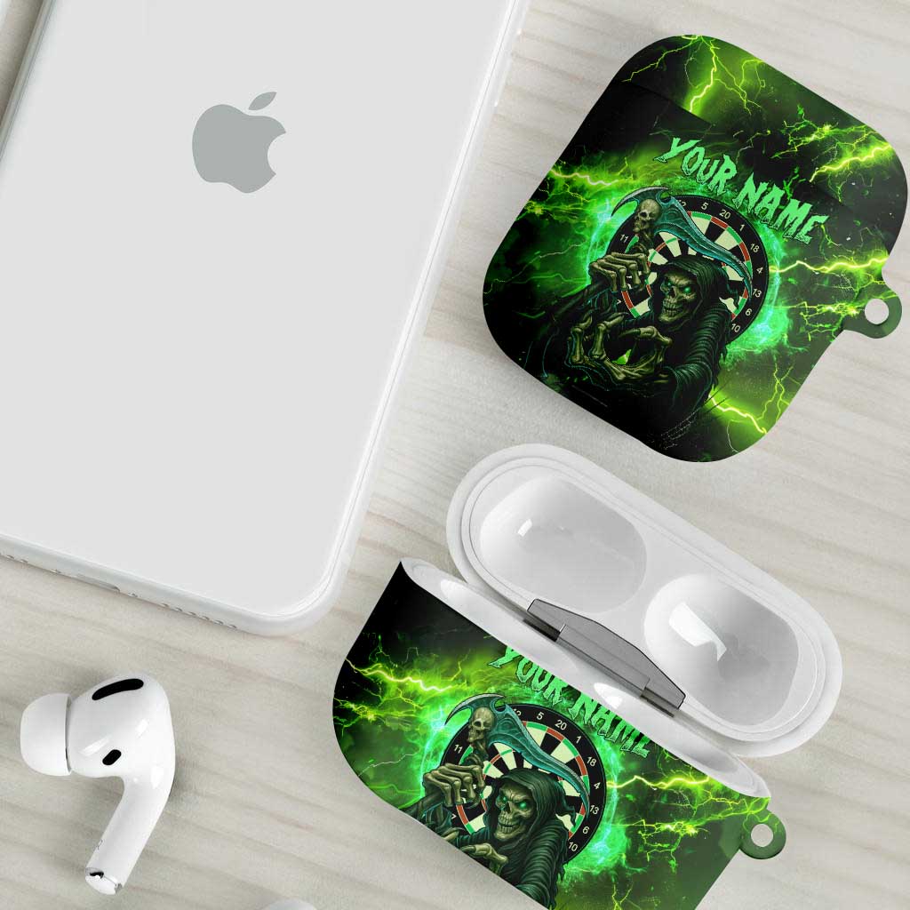 Grim Reaper and Dartboard Darts AirPods Case with Green Lightning Background and Custom Team Name - Wonder Print Shop