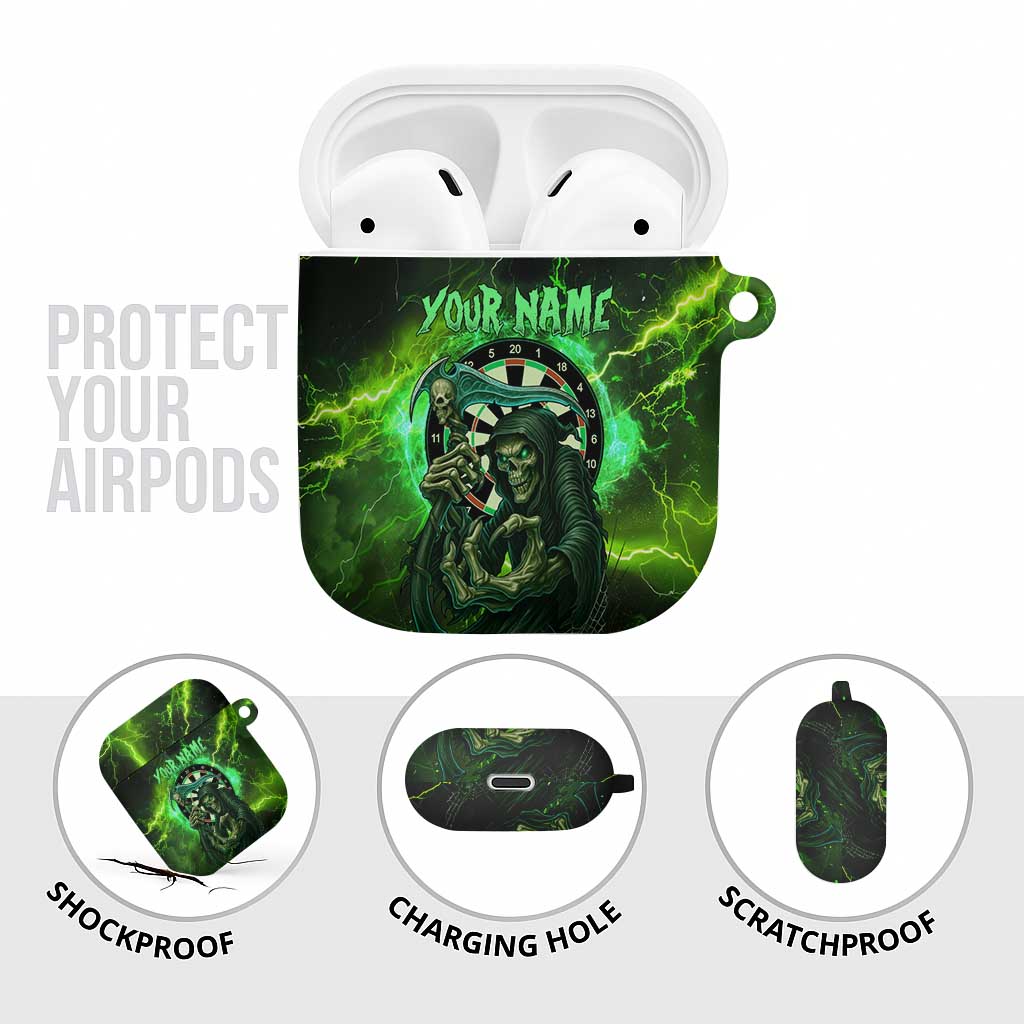 Grim Reaper and Dartboard Darts AirPods Case with Green Lightning Background and Custom Team Name - Wonder Print Shop
