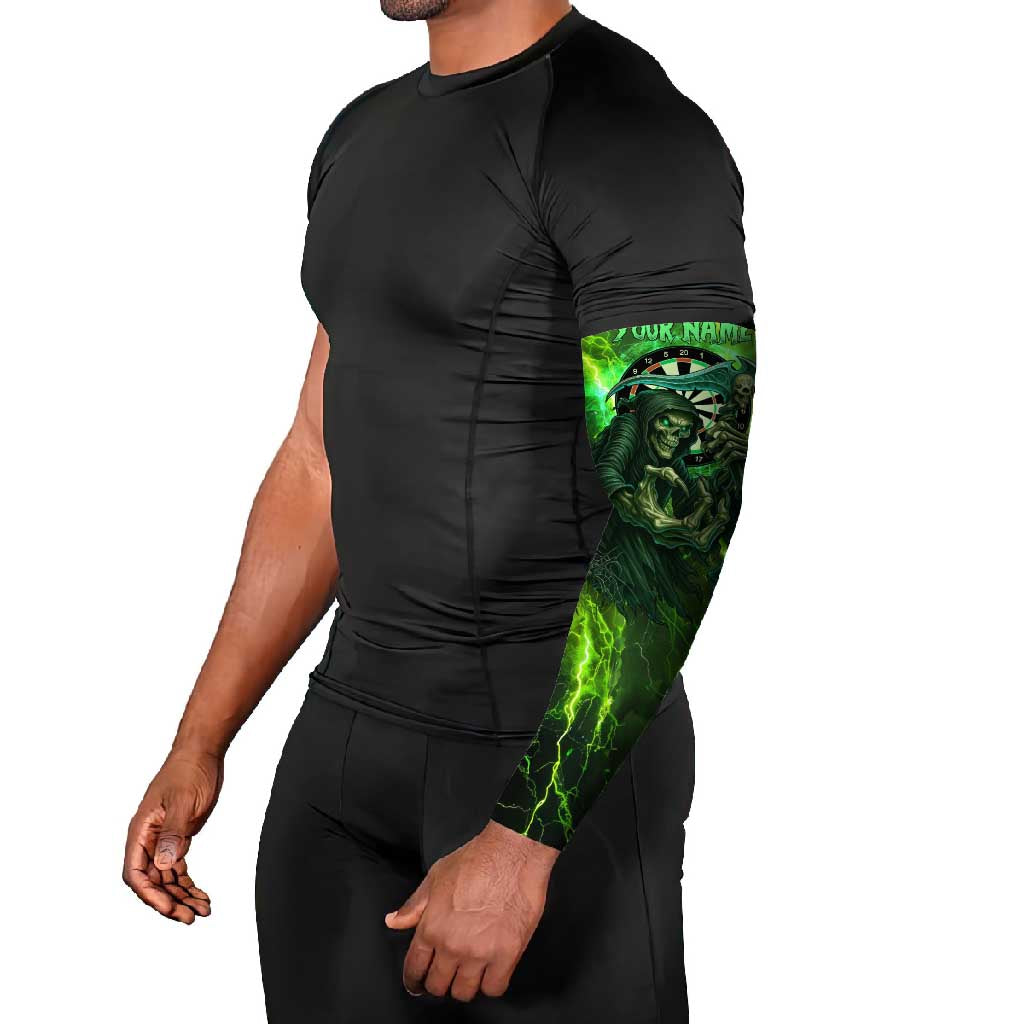 Grim Reaper and Dartboard Darts Arm Sleeves with Green Lightning Background and Custom Team Name - Wonder Print Shop