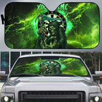 Grim Reaper and Dartboard Darts Auto Sun Shade with Green Lightning Background and Custom Team Name - Wonder Print Shop