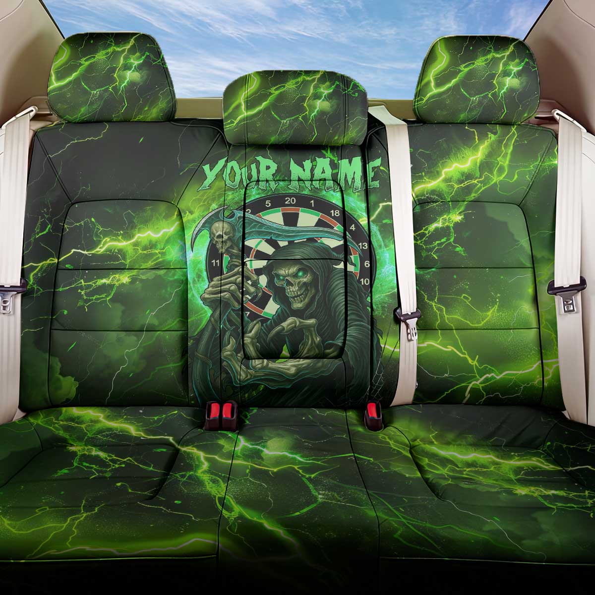 Grim Reaper and Dartboard Darts Back Car Seat Cover with Green Lightning Background and Custom Team Name - Wonder Print Shop
