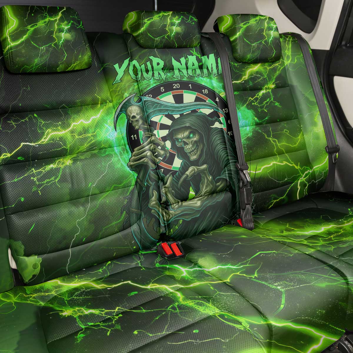 Grim Reaper and Dartboard Darts Back Car Seat Cover with Green Lightning Background and Custom Team Name - Wonder Print Shop