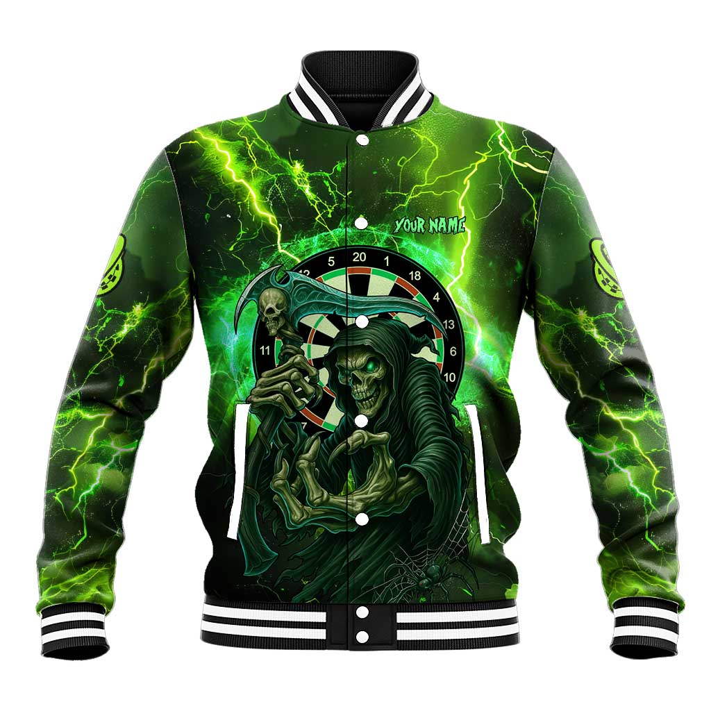 Grim Reaper and Dartboard Darts Baseball Jacket with Green Lightning Background and Custom Team Name - Wonder Print Shop