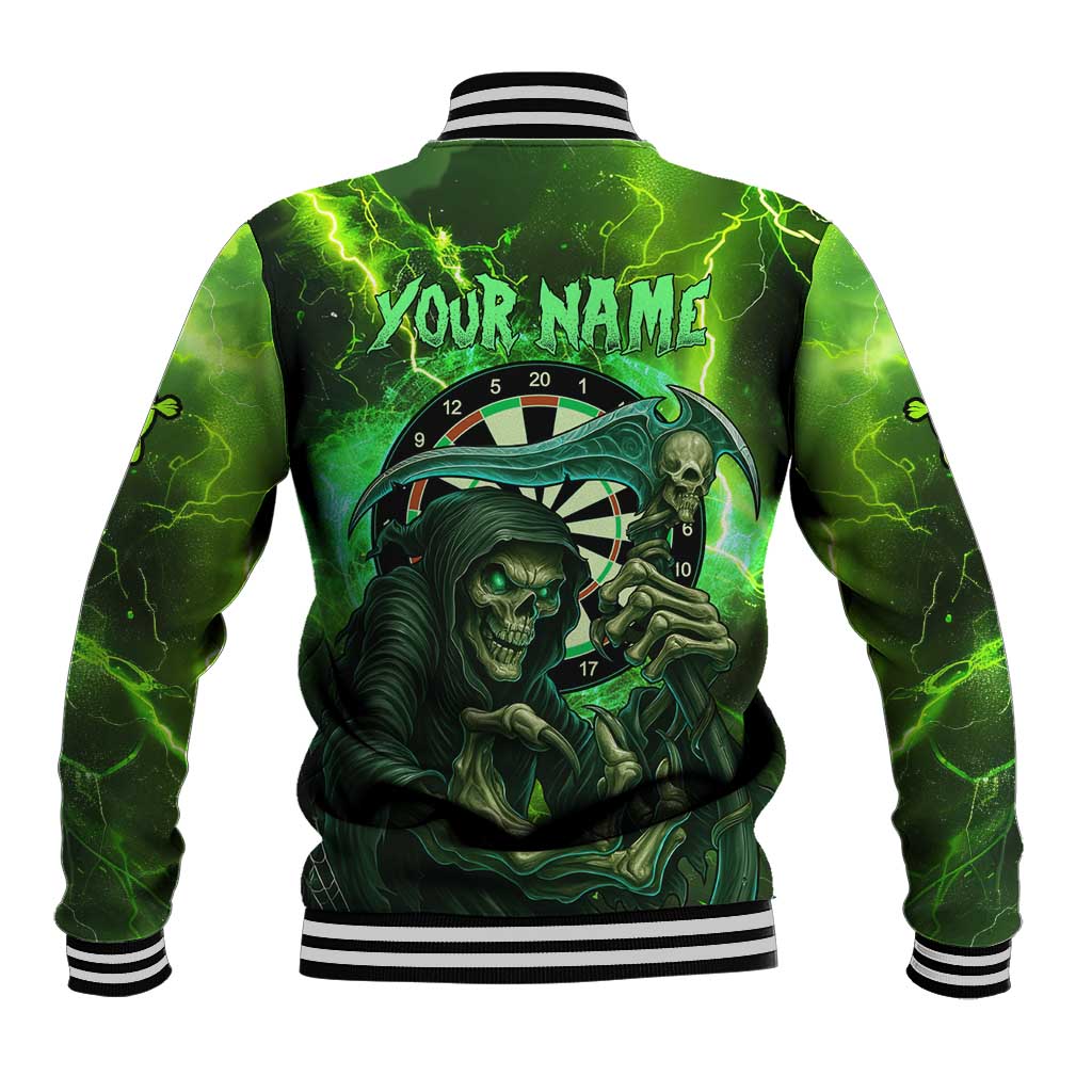 Grim Reaper and Dartboard Darts Baseball Jacket with Green Lightning Background and Custom Team Name - Wonder Print Shop