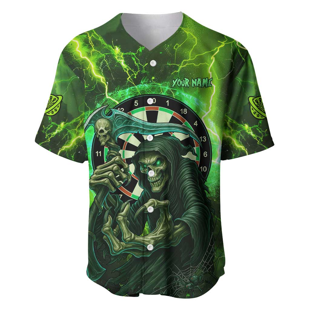 Grim Reaper and Dartboard Darts Baseball Jersey with Green Lightning Background and Custom Team Name - Wonder Print Shop