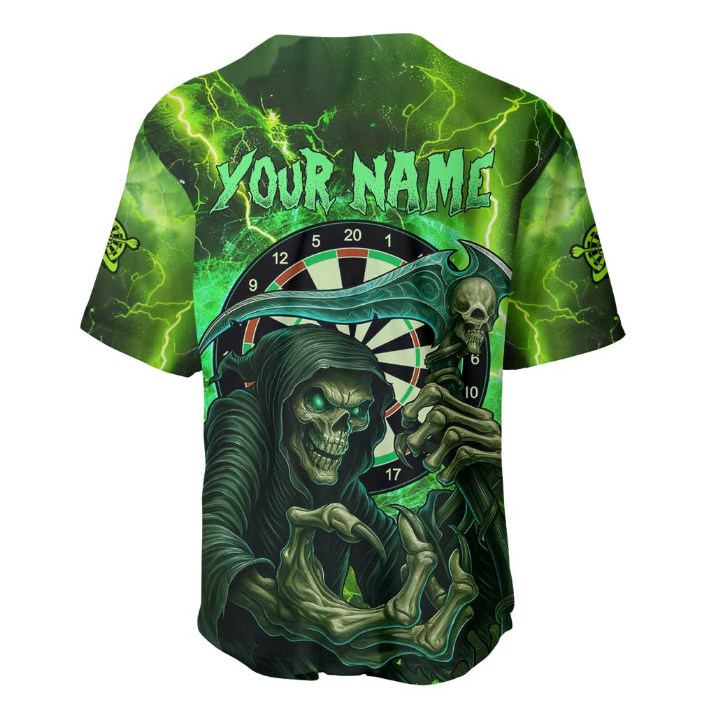 Grim Reaper and Dartboard Darts Baseball Jersey with Green Lightning Background and Custom Team Name - Wonder Print Shop