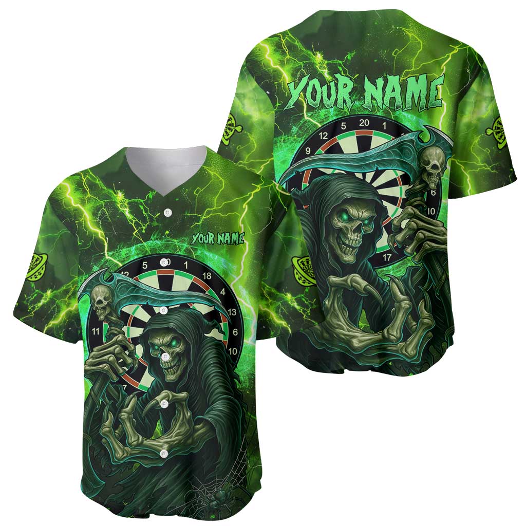 Grim Reaper and Dartboard Darts Baseball Jersey with Green Lightning Background and Custom Team Name - Wonder Print Shop