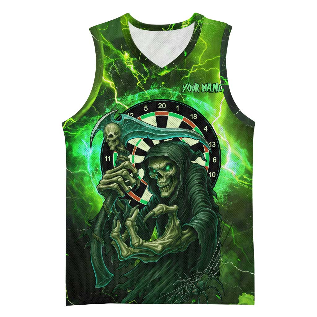 Grim Reaper and Dartboard Darts Basketball Jersey with Green Lightning Background and Custom Team Name - Wonder Print Shop