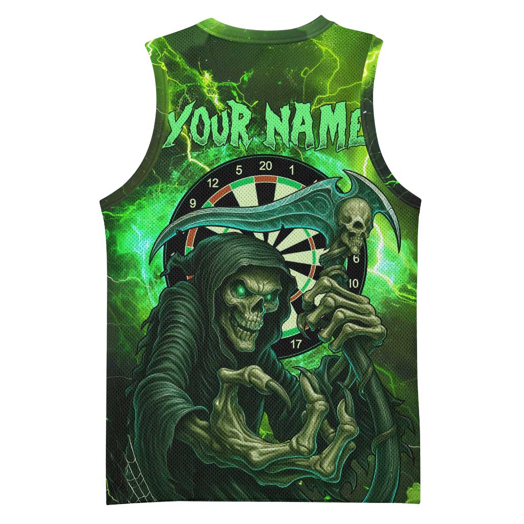 Grim Reaper and Dartboard Darts Basketball Jersey with Green Lightning Background and Custom Team Name - Wonder Print Shop