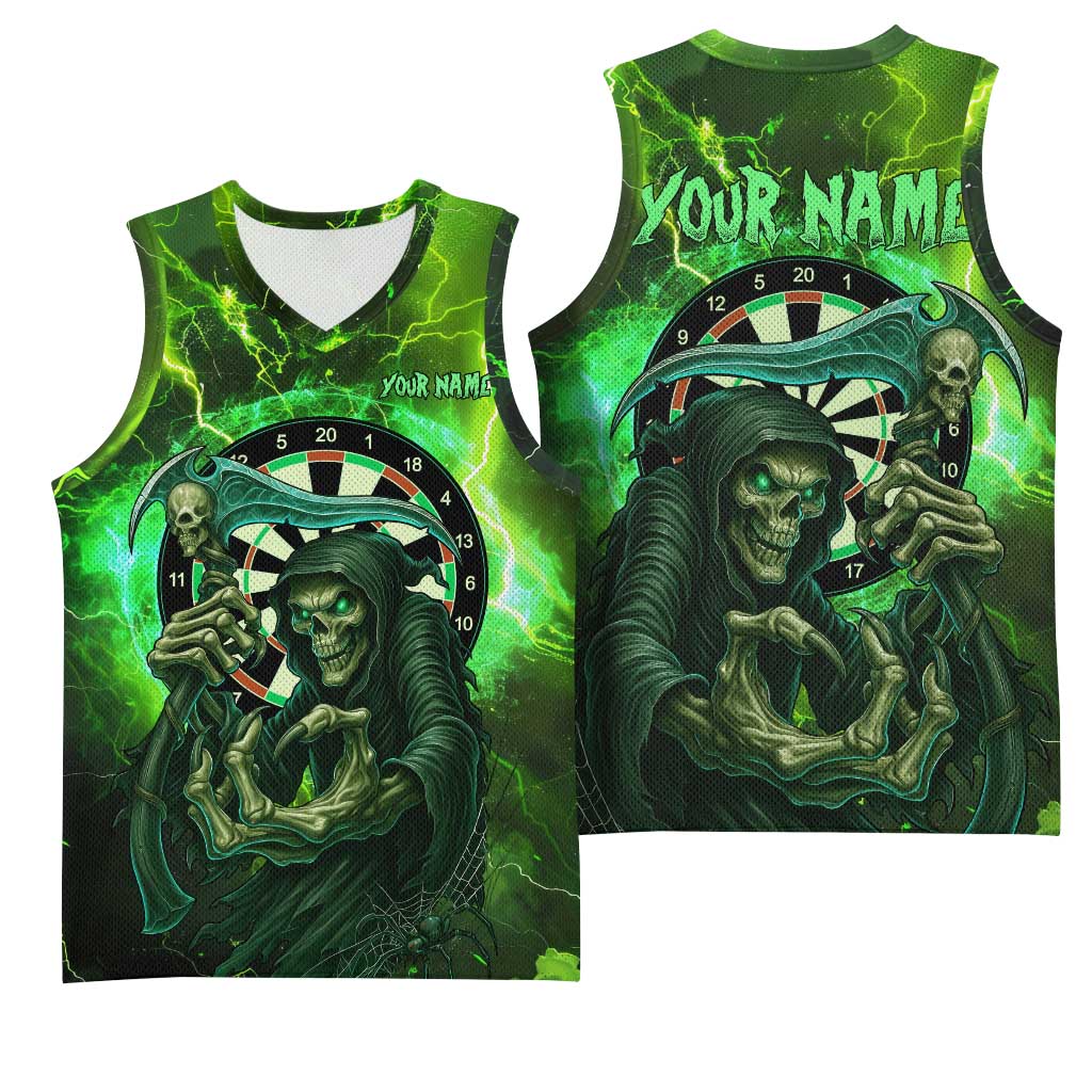 Grim Reaper and Dartboard Darts Basketball Jersey with Green Lightning Background and Custom Team Name - Wonder Print Shop