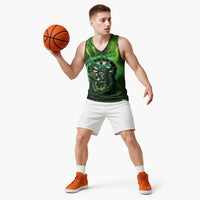 Grim Reaper and Dartboard Darts Basketball Jersey with Green Lightning Background and Custom Team Name - Wonder Print Shop