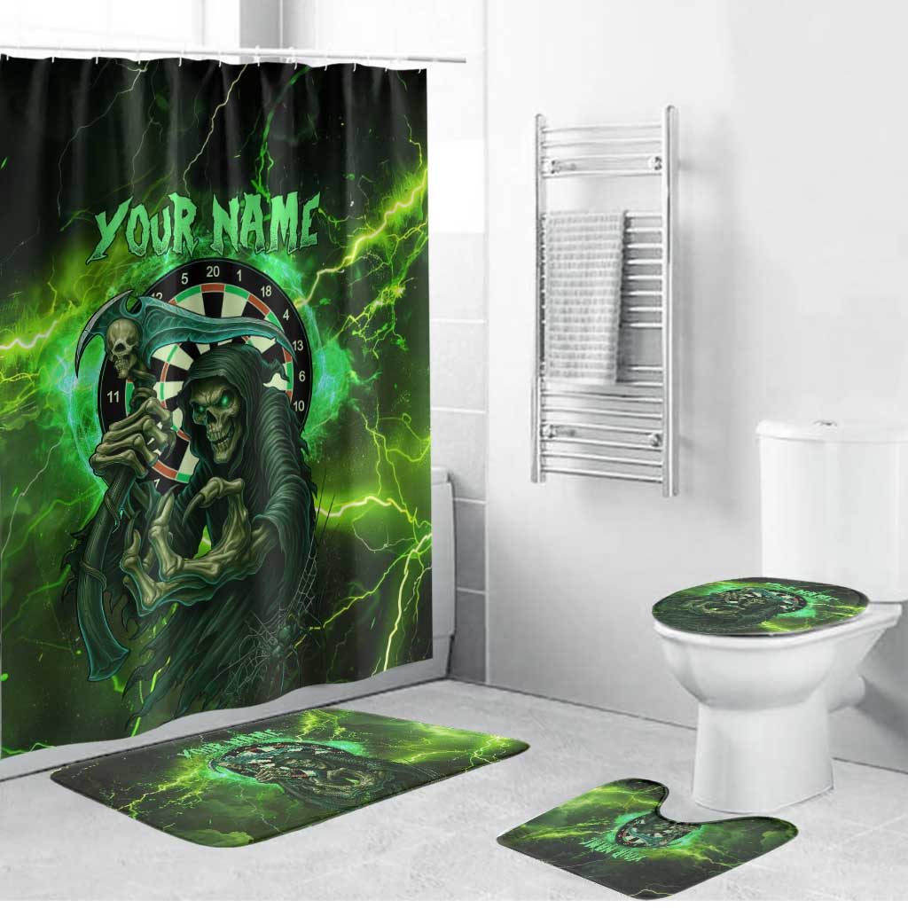 Grim Reaper and Dartboard Darts Bathroom Set with Green Lightning Background and Custom Team Name - Wonder Print Shop