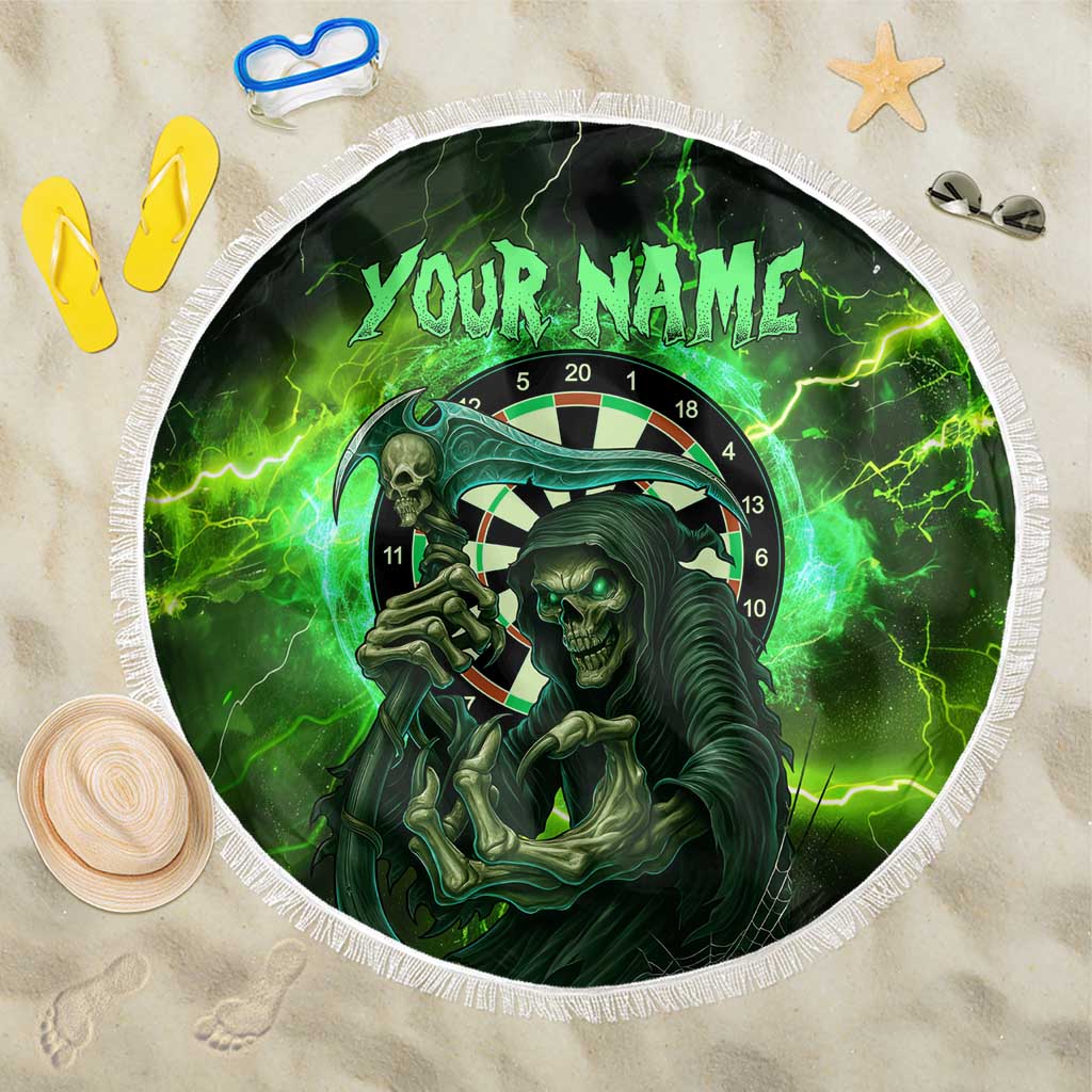 Grim Reaper and Dartboard Darts Beach Blanket with Green Lightning Background and Custom Team Name - Wonder Print Shop