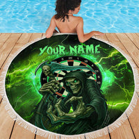 Grim Reaper and Dartboard Darts Beach Blanket with Green Lightning Background and Custom Team Name - Wonder Print Shop