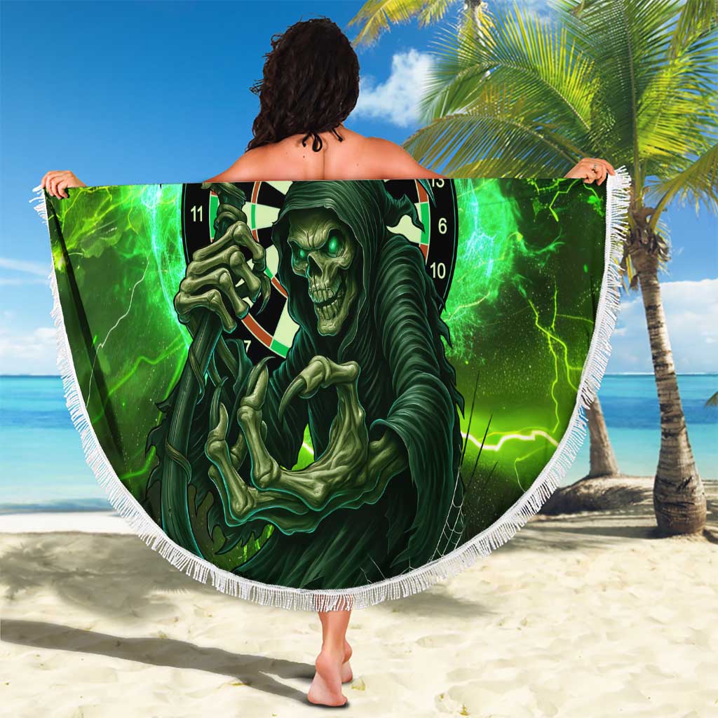 Grim Reaper and Dartboard Darts Beach Blanket with Green Lightning Background and Custom Team Name - Wonder Print Shop