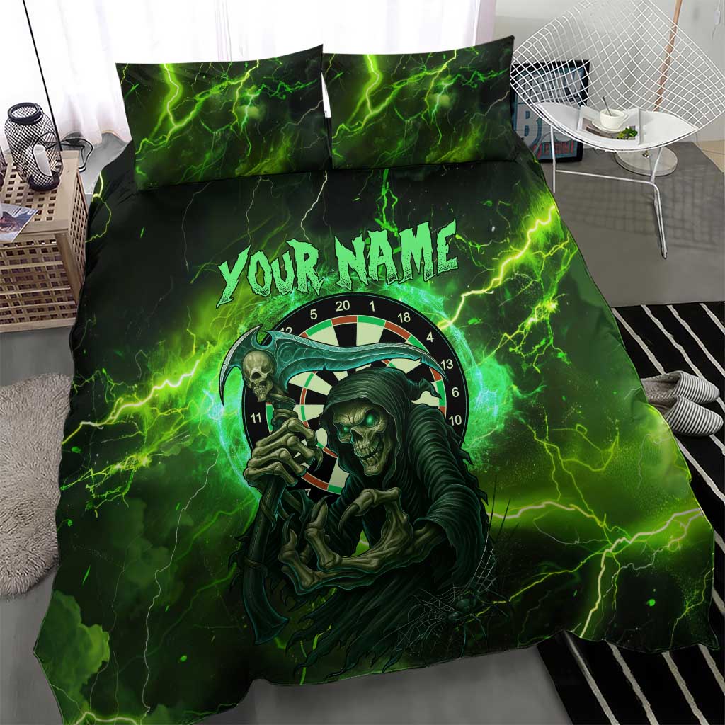 Grim Reaper and Dartboard Darts Bedding Set with Green Lightning Background and Custom Team Name - Wonder Print Shop