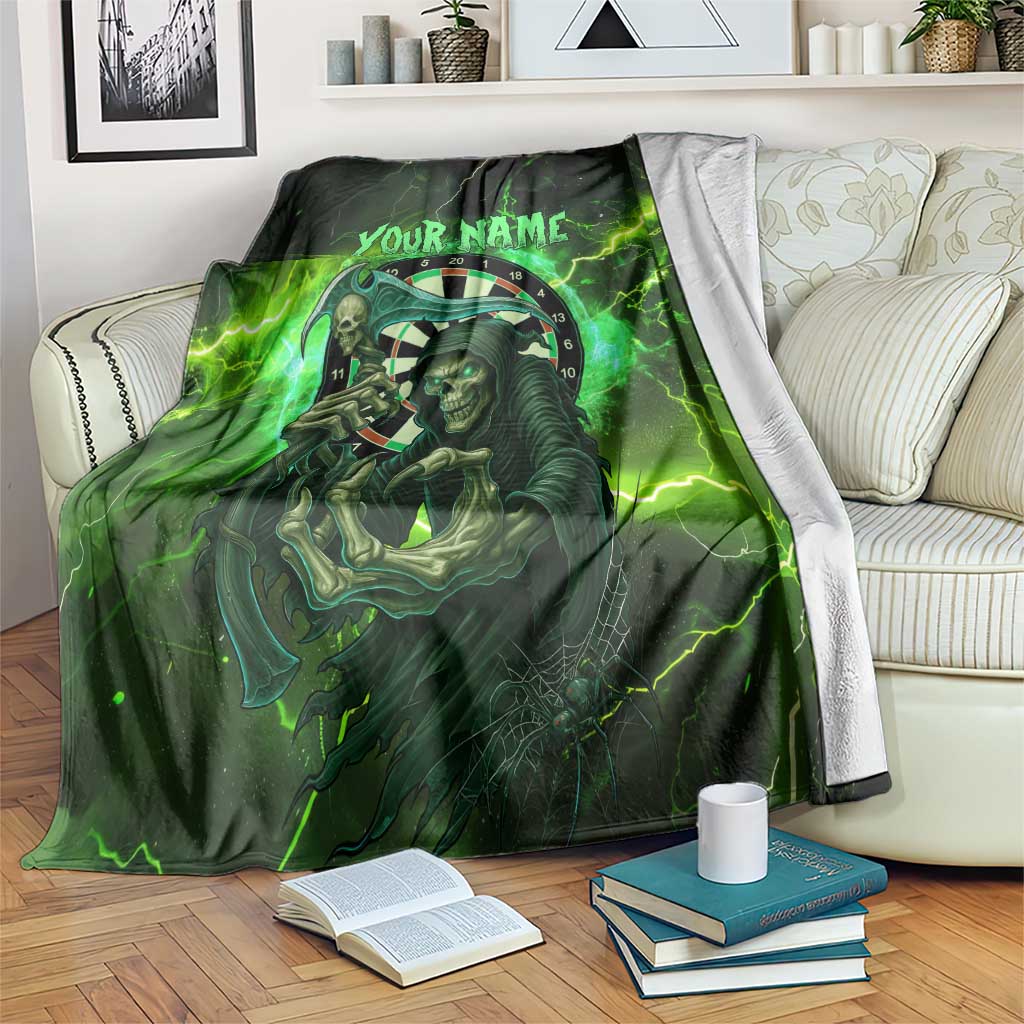 Grim Reaper and Dartboard Darts Blanket with Green Lightning Background and Custom Team Name - Wonder Print Shop