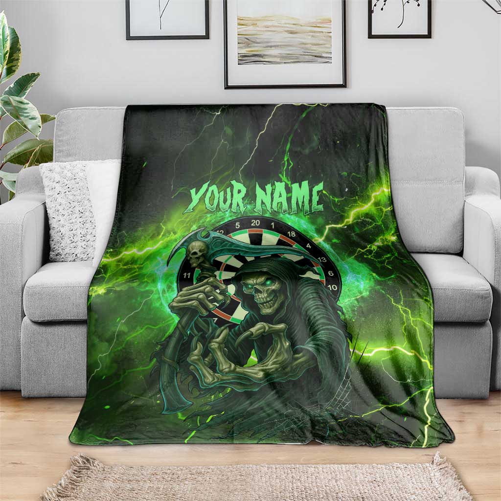 Grim Reaper and Dartboard Darts Blanket with Green Lightning Background and Custom Team Name - Wonder Print Shop