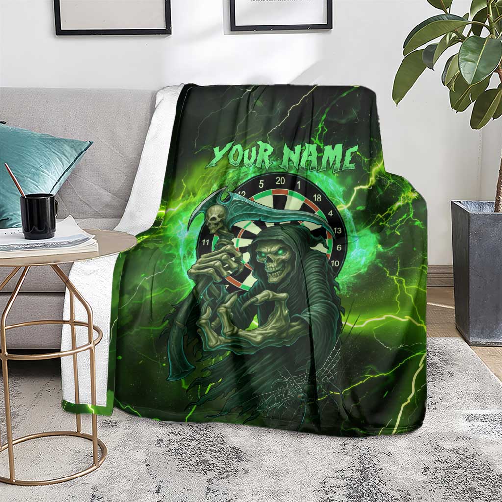Grim Reaper and Dartboard Darts Blanket with Green Lightning Background and Custom Team Name - Wonder Print Shop