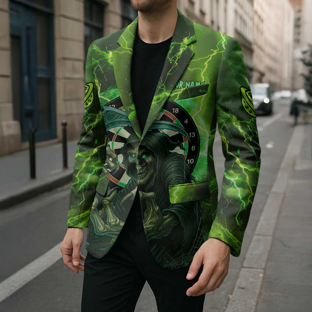 Grim Reaper and Dartboard Darts Blazer with Green Lightning Background and Custom Team Name - Wonder Print Shop