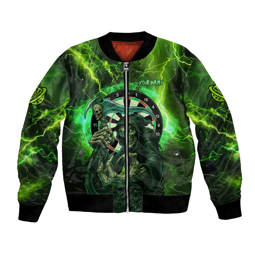 Grim Reaper and Dartboard Darts Bomber Jacket with Green Lightning Background and Custom Team Name - Wonder Print Shop