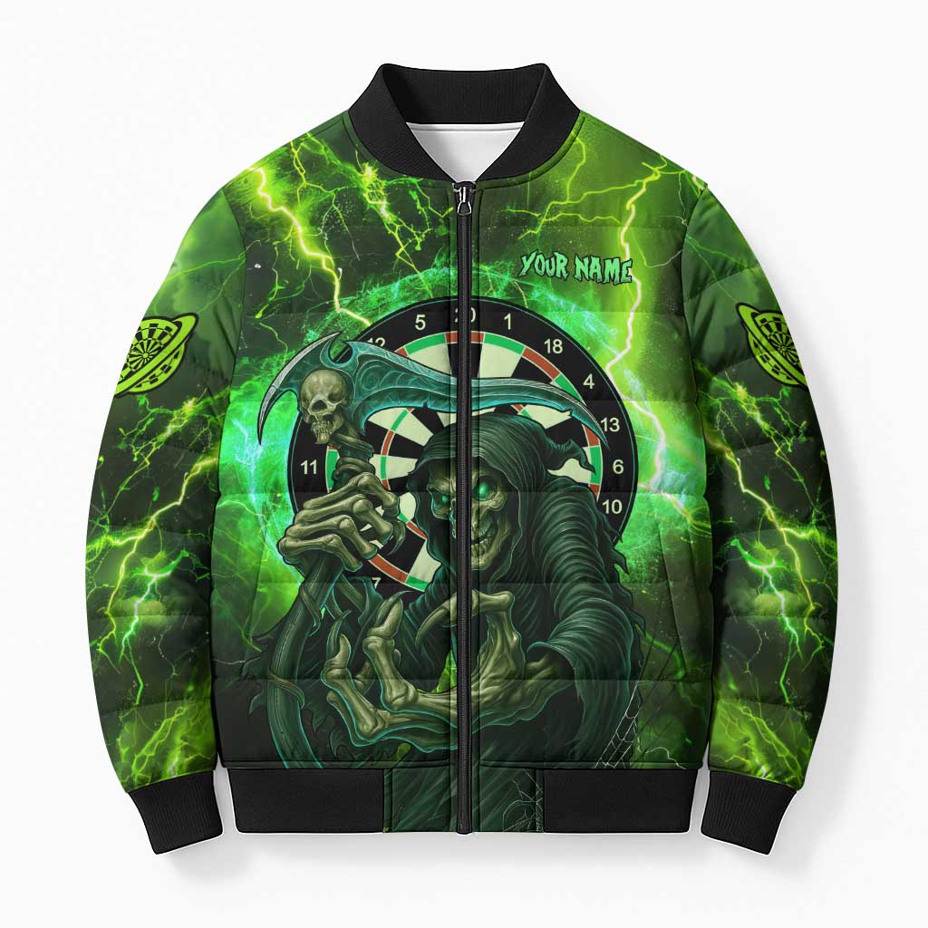 Grim Reaper and Dartboard Darts Bomber Puffer Jacket with Green Lightning Background and Custom Team Name - Wonder Print Shop