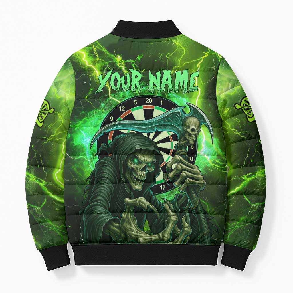 Grim Reaper and Dartboard Darts Bomber Puffer Jacket with Green Lightning Background and Custom Team Name - Wonder Print Shop