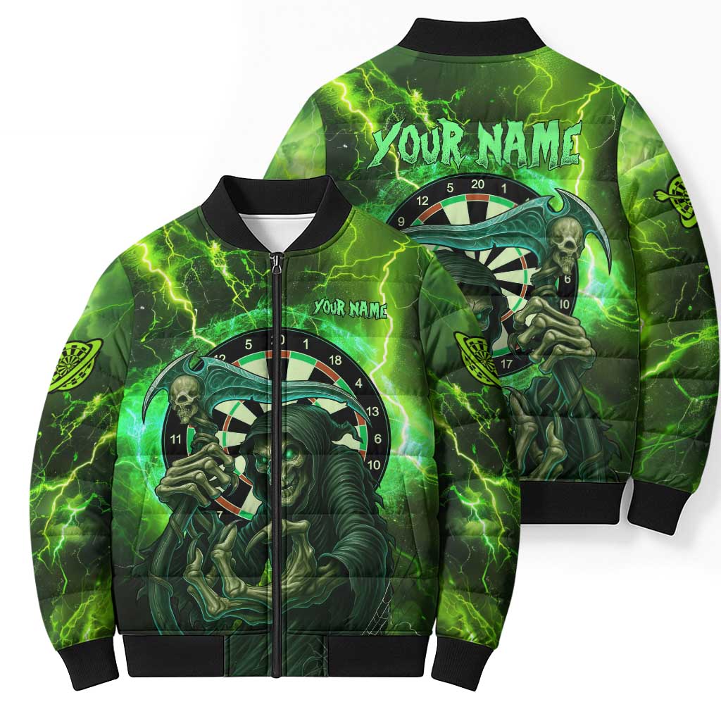 Grim Reaper and Dartboard Darts Bomber Puffer Jacket with Green Lightning Background and Custom Team Name - Wonder Print Shop