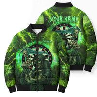Grim Reaper and Dartboard Darts Bomber Puffer Jacket with Green Lightning Background and Custom Team Name - Wonder Print Shop