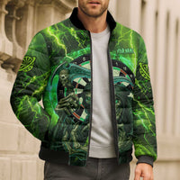 Grim Reaper and Dartboard Darts Bomber Puffer Jacket with Green Lightning Background and Custom Team Name - Wonder Print Shop
