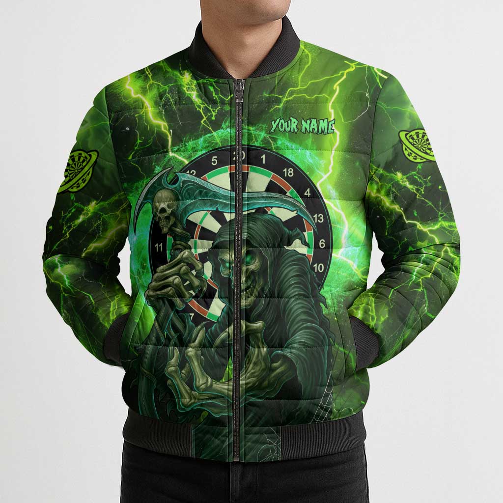 Grim Reaper and Dartboard Darts Bomber Puffer Jacket with Green Lightning Background and Custom Team Name - Wonder Print Shop
