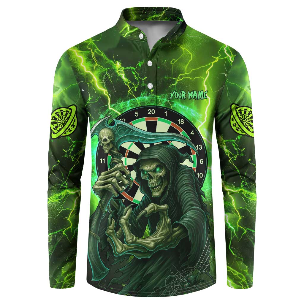 Grim Reaper and Dartboard Darts Button Sweatshirt with Green Lightning Background and Custom Team Name - Wonder Print Shop