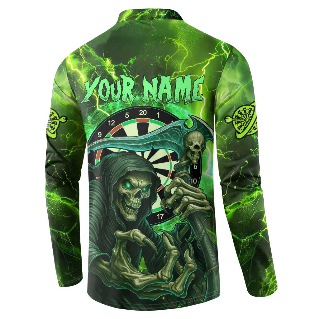 Grim Reaper and Dartboard Darts Button Sweatshirt with Green Lightning Background and Custom Team Name - Wonder Print Shop
