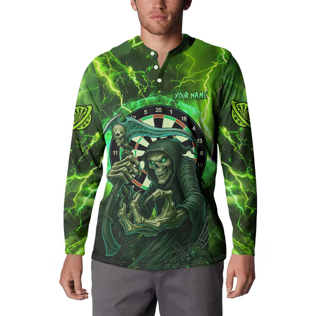 Grim Reaper and Dartboard Darts Button Sweatshirt with Green Lightning Background and Custom Team Name - Wonder Print Shop