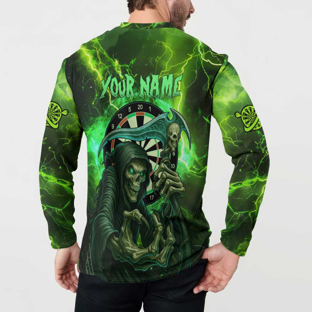 Grim Reaper and Dartboard Darts Button Sweatshirt with Green Lightning Background and Custom Team Name - Wonder Print Shop