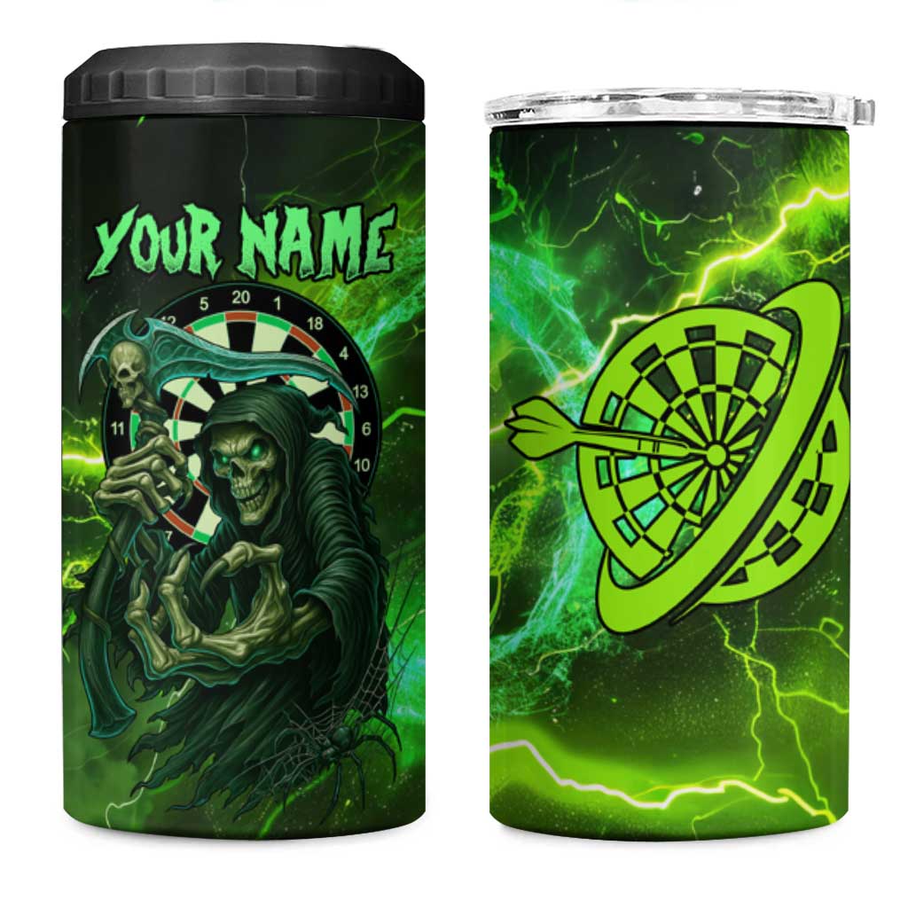 Grim Reaper and Dartboard Darts 4 in 1 Can Cooler Tumbler with Green Lightning Background and Custom Team Name - Wonder Print Shop
