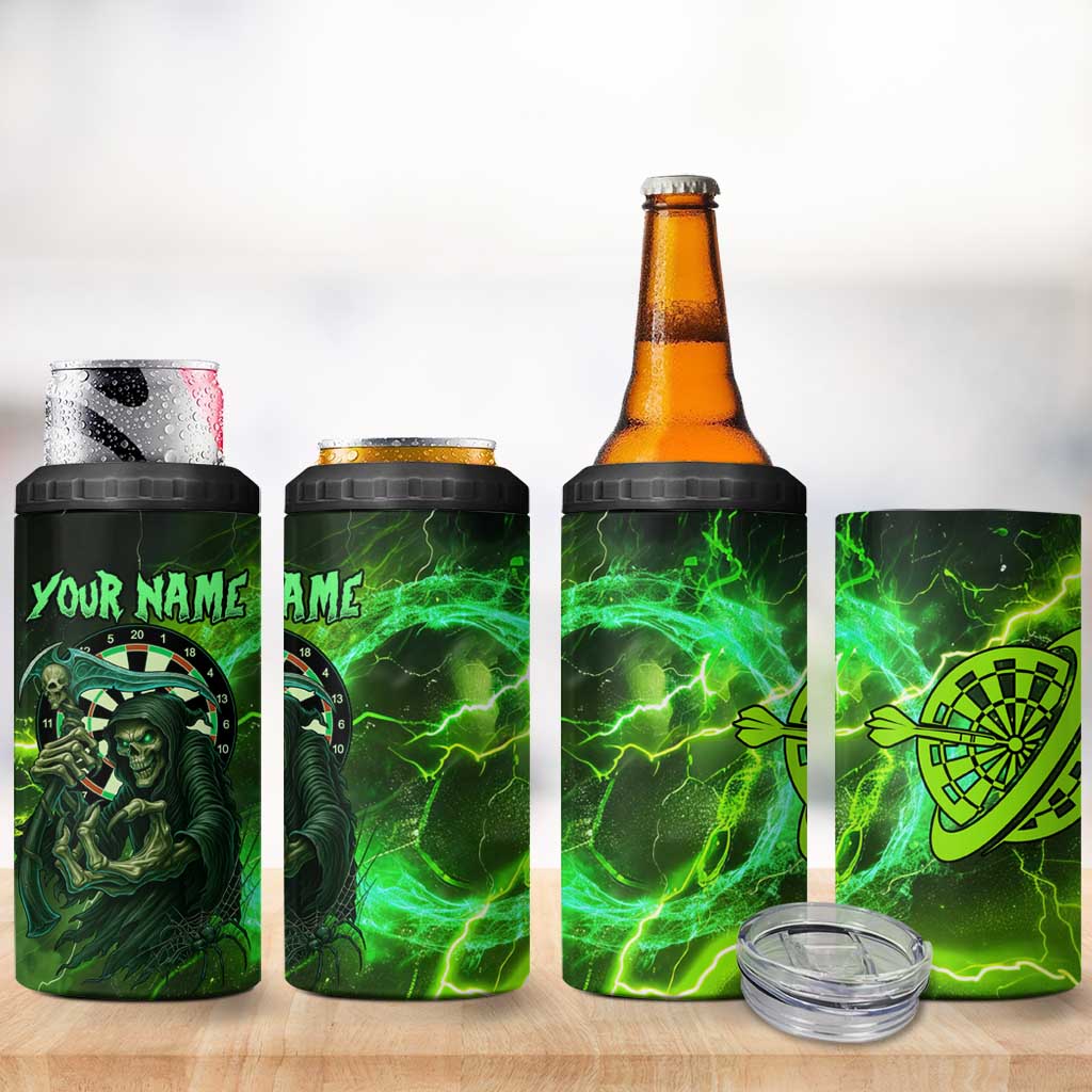 Grim Reaper and Dartboard Darts 4 in 1 Can Cooler Tumbler with Green Lightning Background and Custom Team Name - Wonder Print Shop