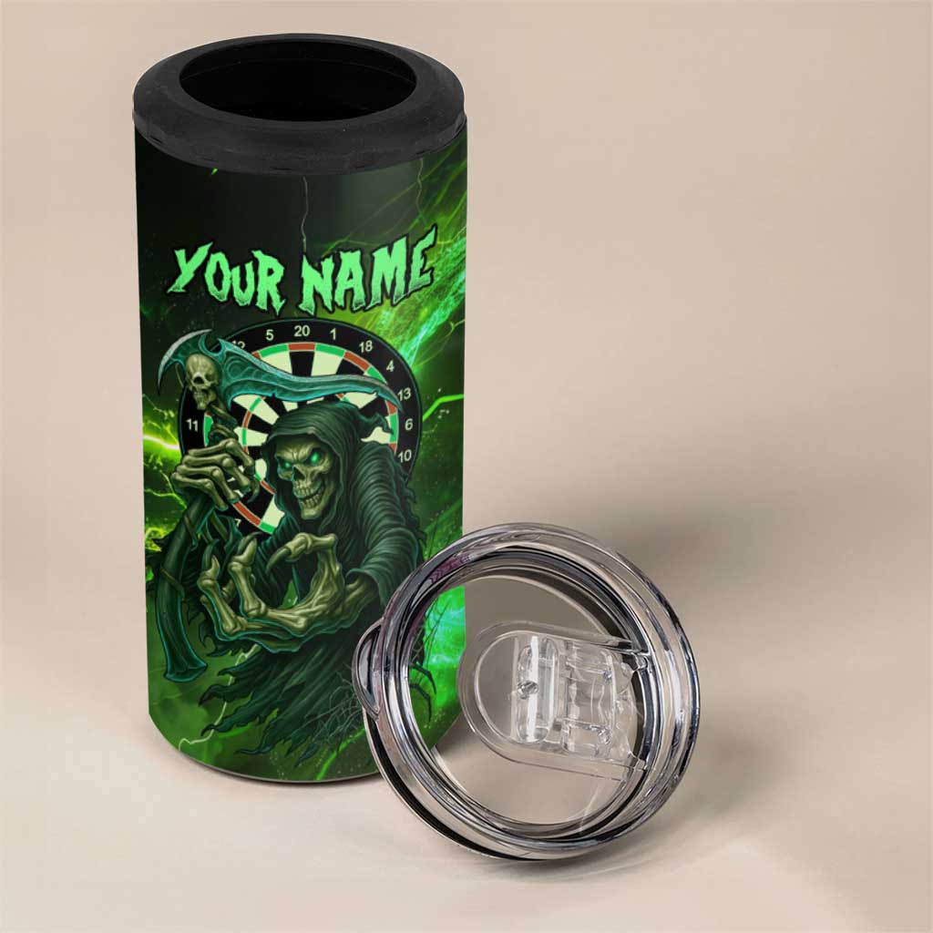 Grim Reaper and Dartboard Darts 4 in 1 Can Cooler Tumbler with Green Lightning Background and Custom Team Name - Wonder Print Shop
