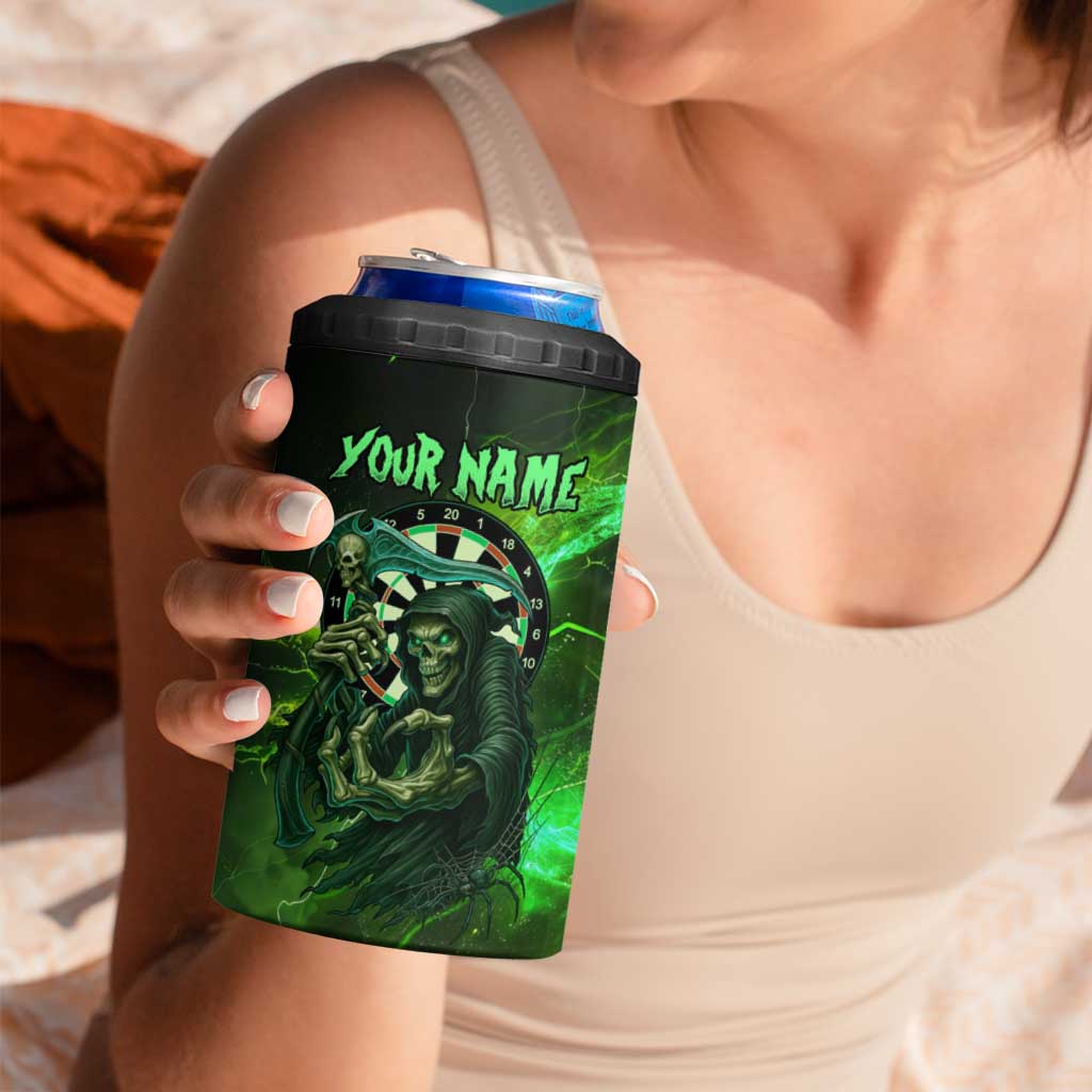 Grim Reaper and Dartboard Darts 4 in 1 Can Cooler Tumbler with Green Lightning Background and Custom Team Name - Wonder Print Shop