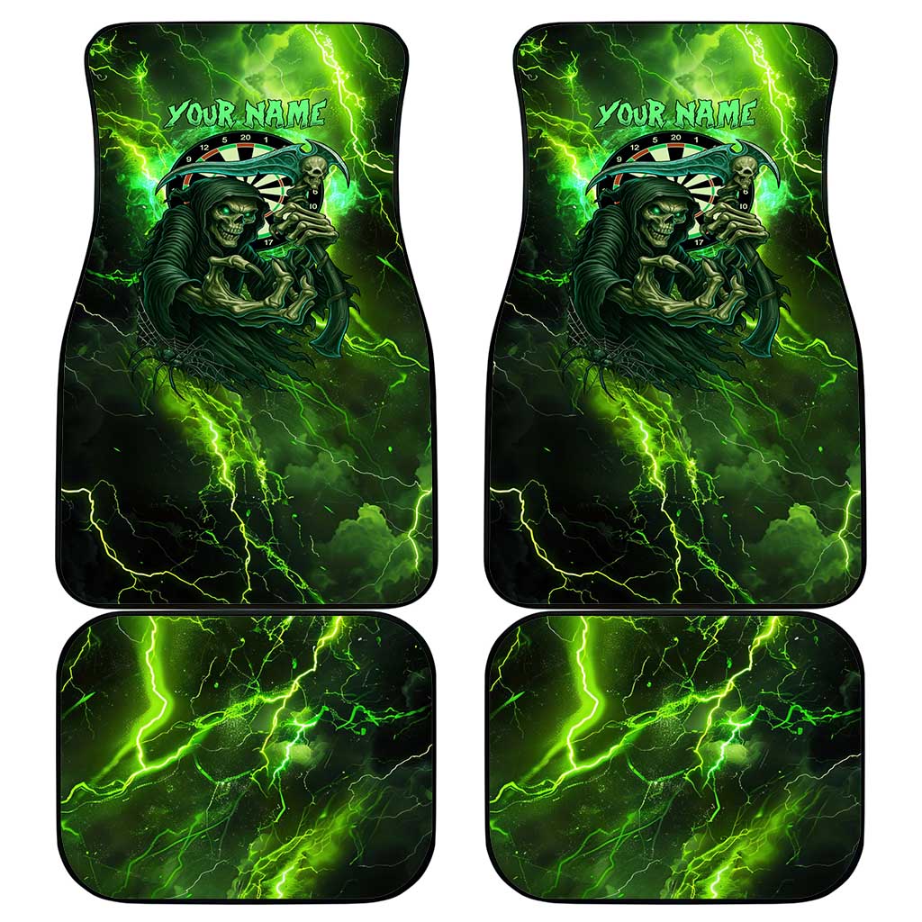 Grim Reaper and Dartboard Darts Car Mats with Green Lightning Background and Custom Team Name - Wonder Print Shop